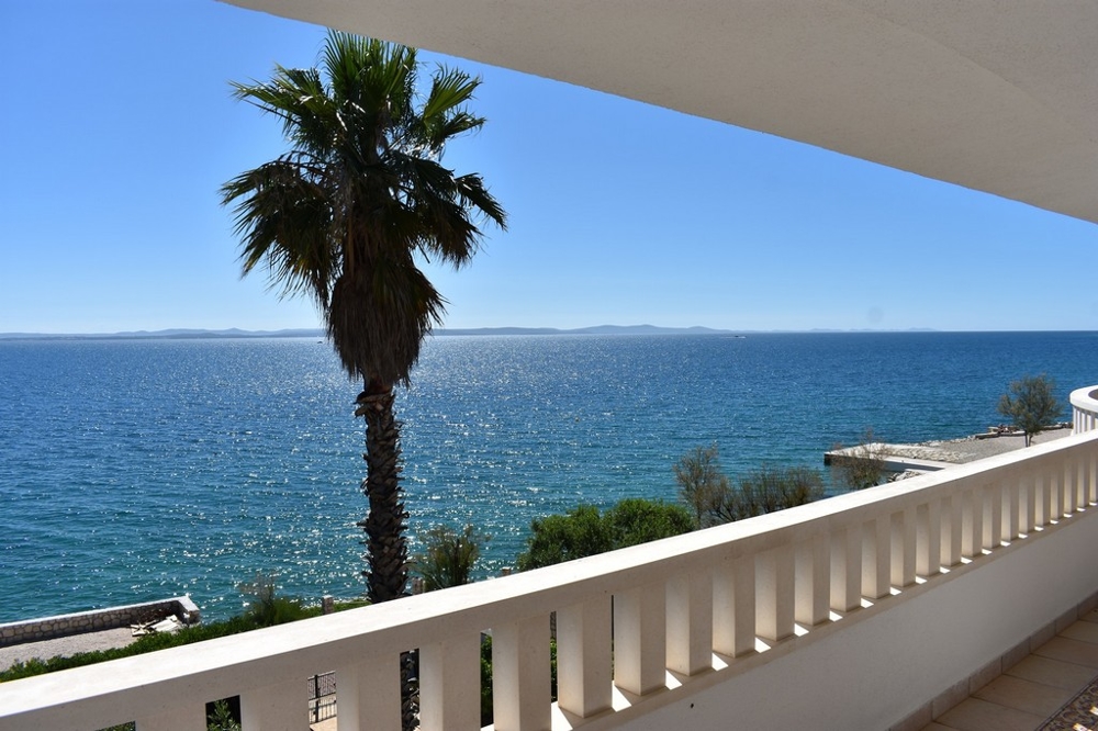 Palmier devant le balcon avec balustrade au-dessus de la mer