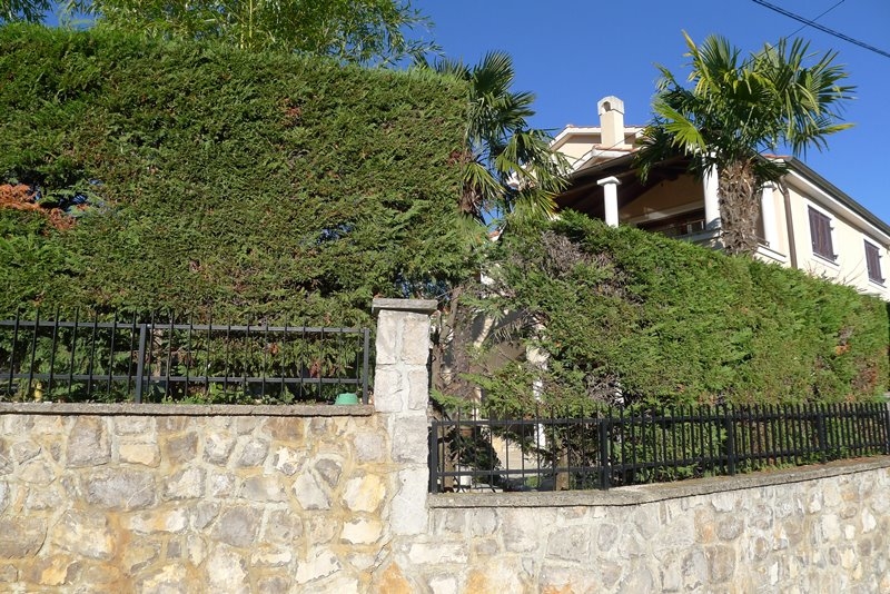 Villa méditerranéenne entourée d'un jardin verdoyant avec palmiers et végétation méditerranéenne.
