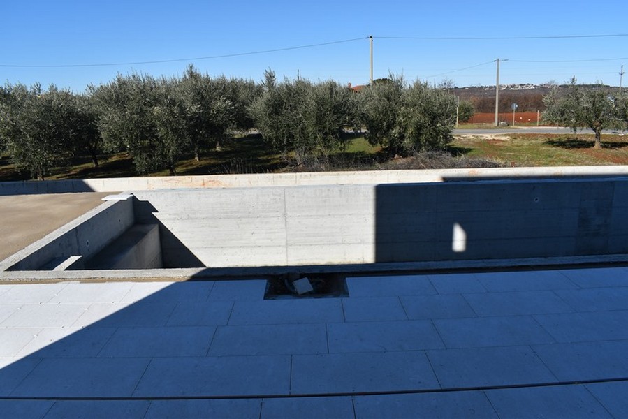 Bassin de piscine en gros œuvre devant l'oliveraie