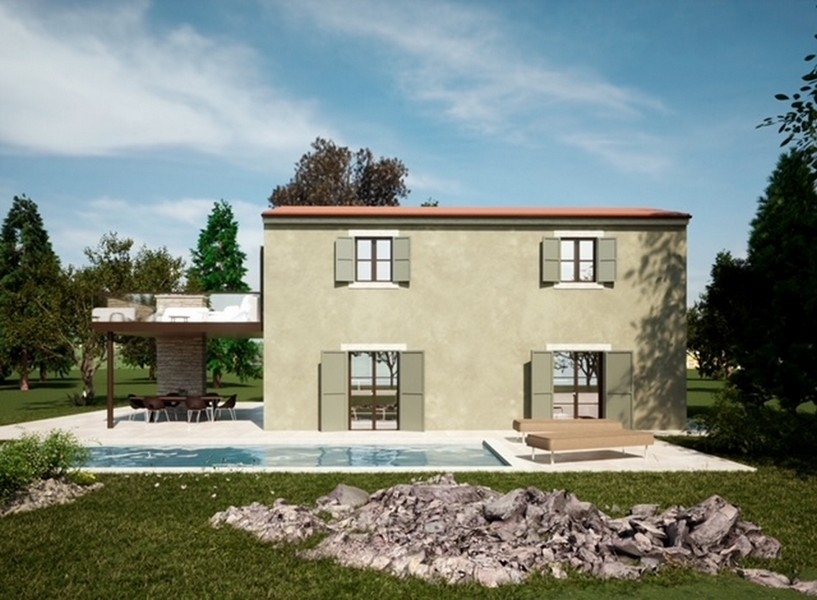 Vue extérieure d'un bien moderne en Istrie avec auvent et plantes ornementales rouges.
