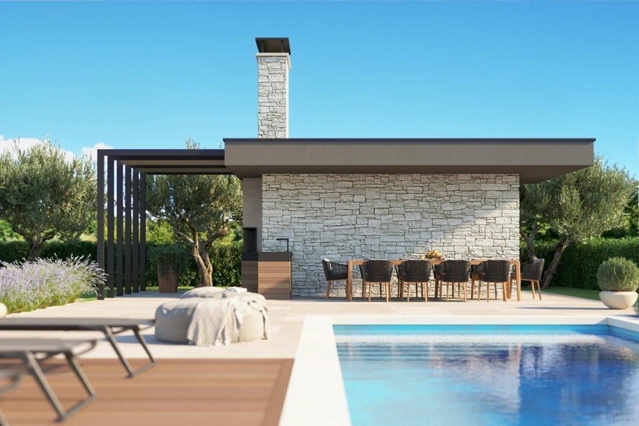Visualisation du pool house avec table à manger et pergola au bord de la piscine