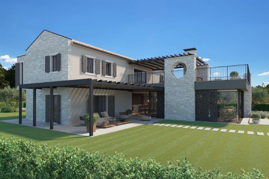 Visualisation du côté jardin avec pergola et mur en pierre naturelle
