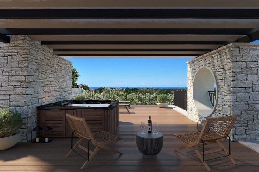 Visualisation du lounge avec jacuzzi sous la pergola