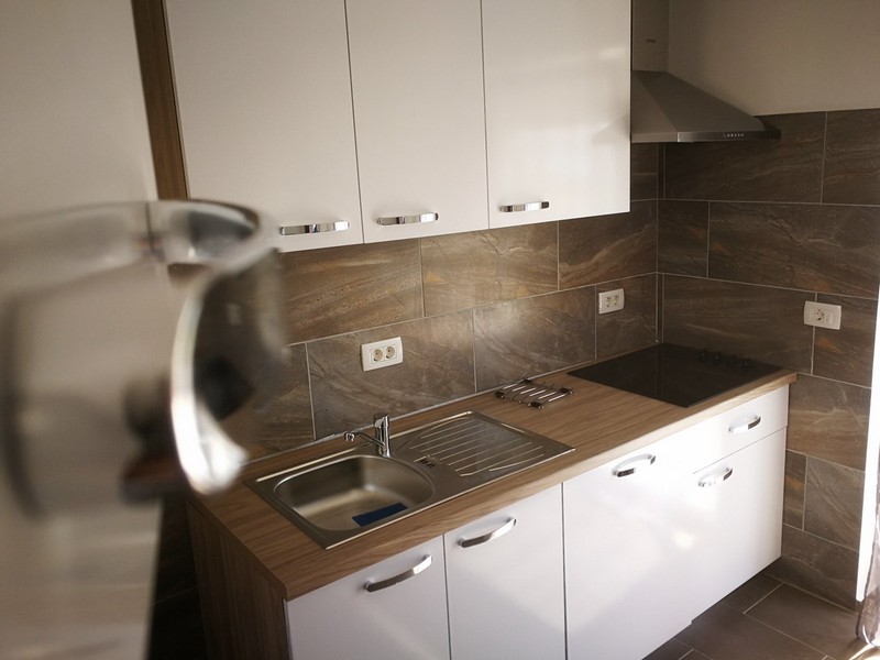Cuisine linéaire avec plan de travail en bois et hotte