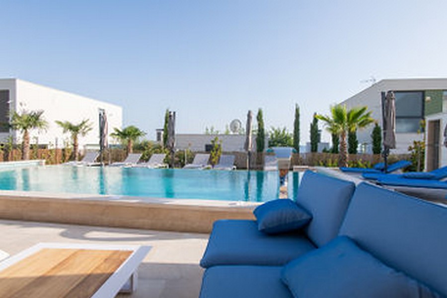 Espace piscine avec palmiers et canapé bleu au premier plan