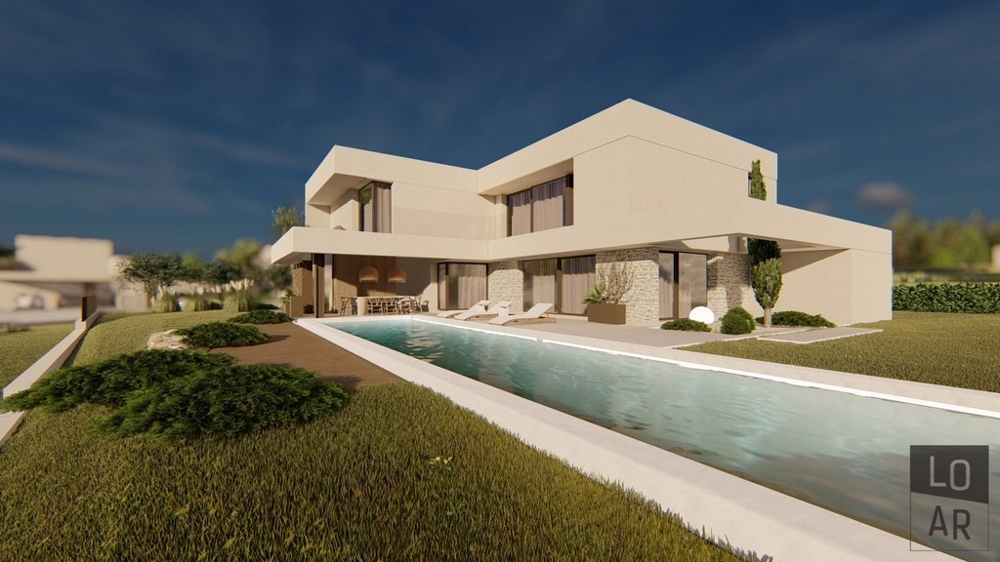 Visualisation de la villa avec longue piscine dans la pelouse