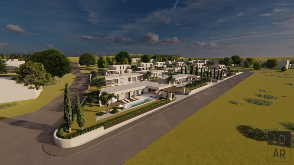 Visualisation du domaine résidentiel avec plusieurs villas et piscines