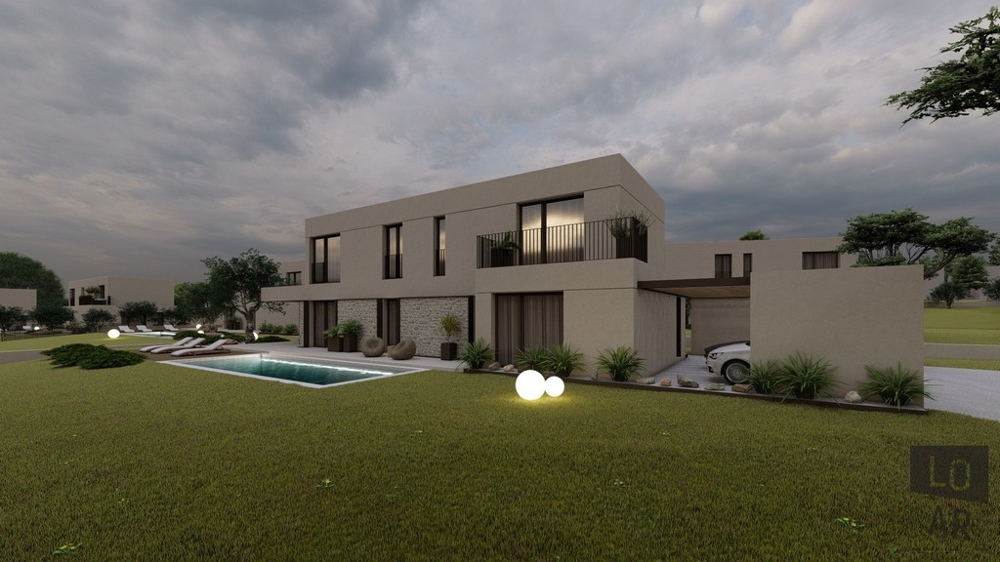 Visualisation de la villa avec piscine et carport le soir