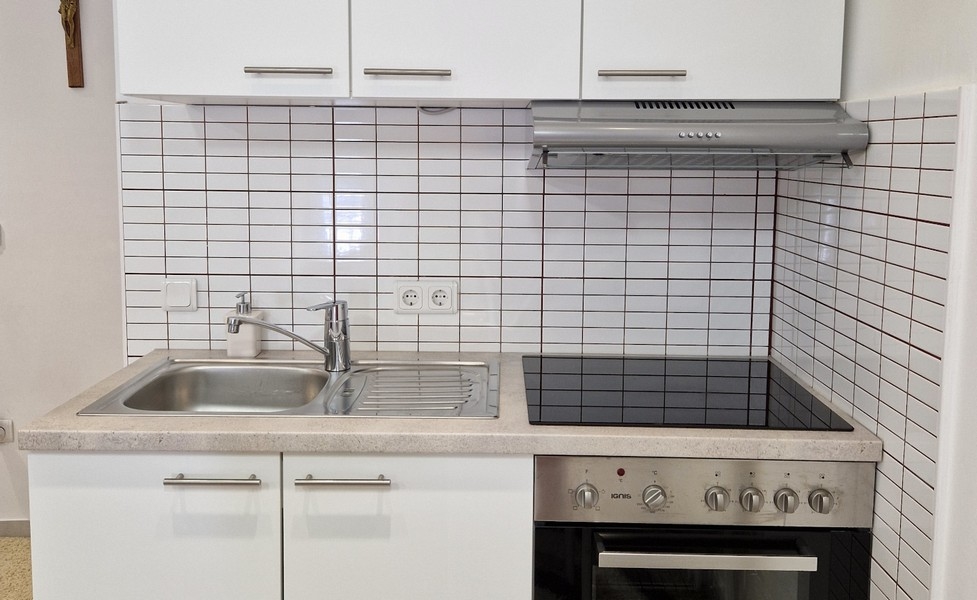 Cuisine linéaire avec électroménager et rangements