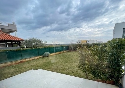 Pelouse avec haie et terrasse au premier plan