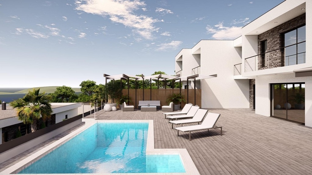 Visualisation de la piscine et du lounge sous la pergola