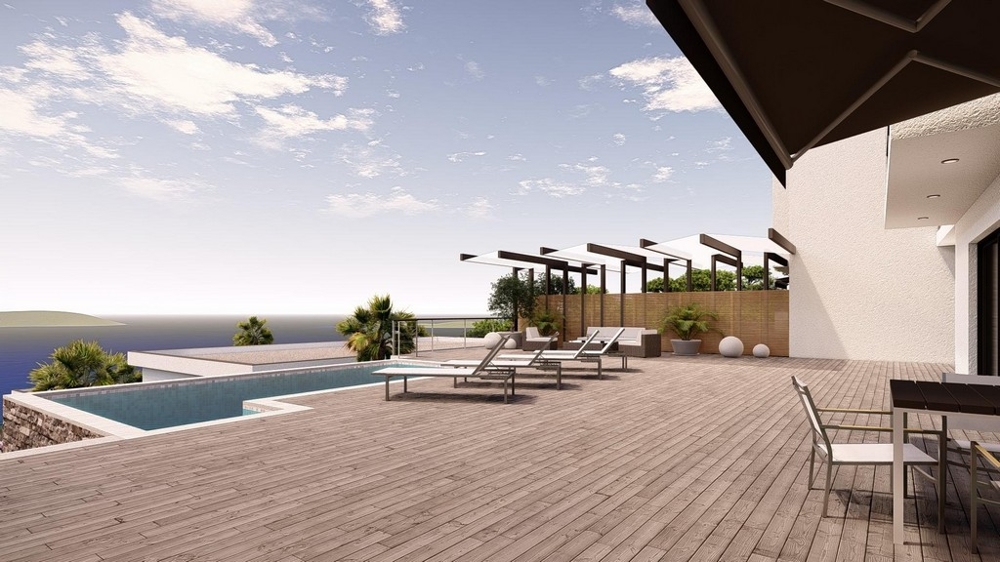 Visualisation de la terrasse en bois avec piscine au-dessus de la côte escarpée