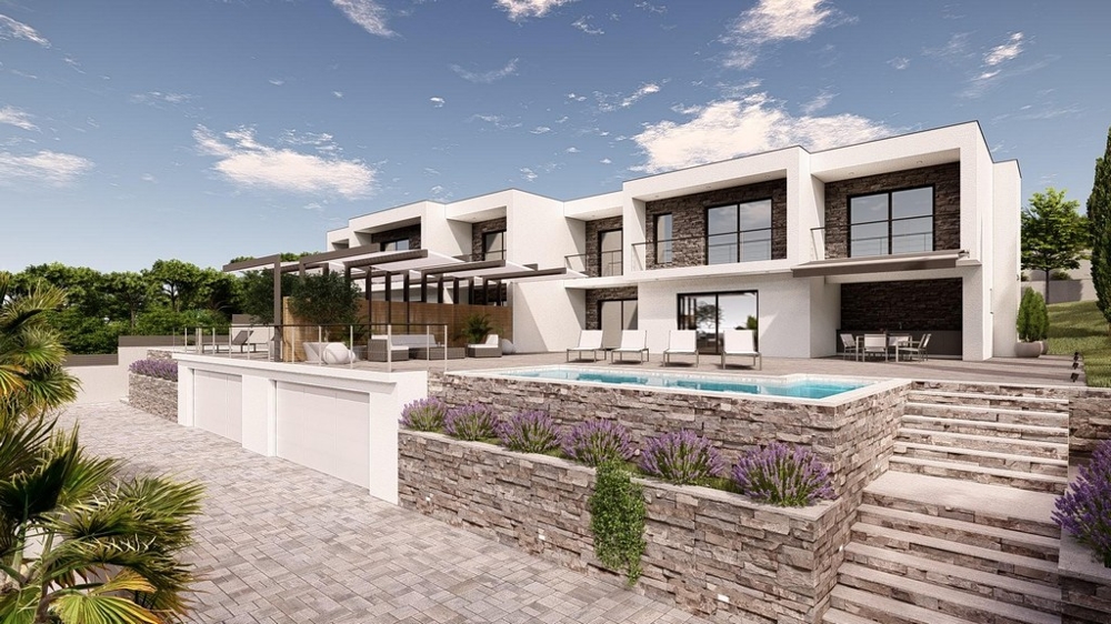 Visualisation des villas avec piscines au-dessus des terrasses de lavande
