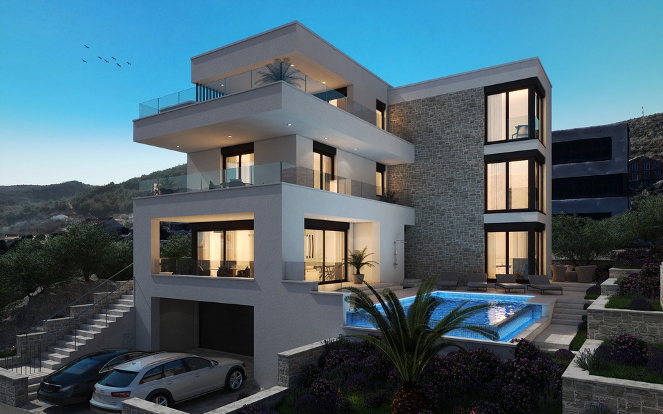 Visualisation de la villa éclairée avec piscine le soir