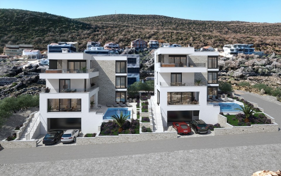 Visualisation de deux villas avec piscines sur la pente karstique