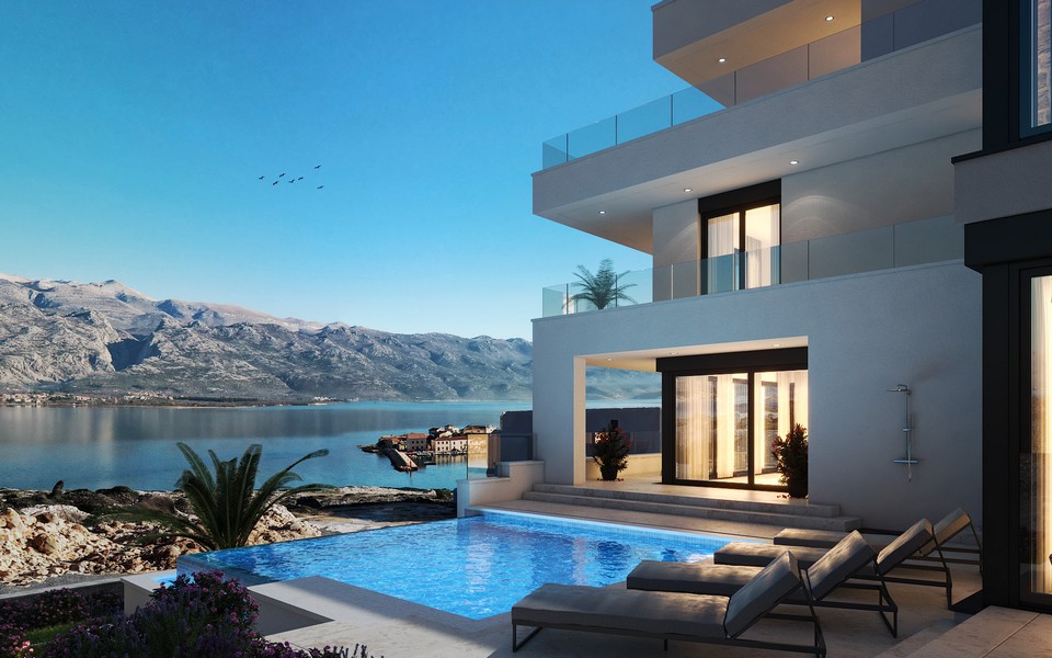 Visualisation de la villa avec piscine devant la baie et les montagnes