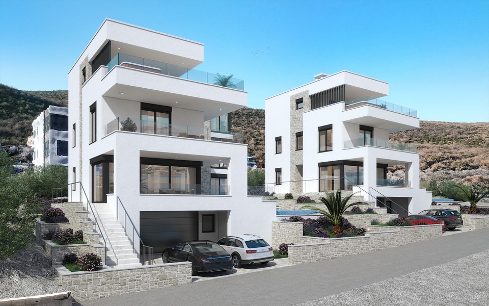 Visualisation de deux villas avec garages à flanc de colline