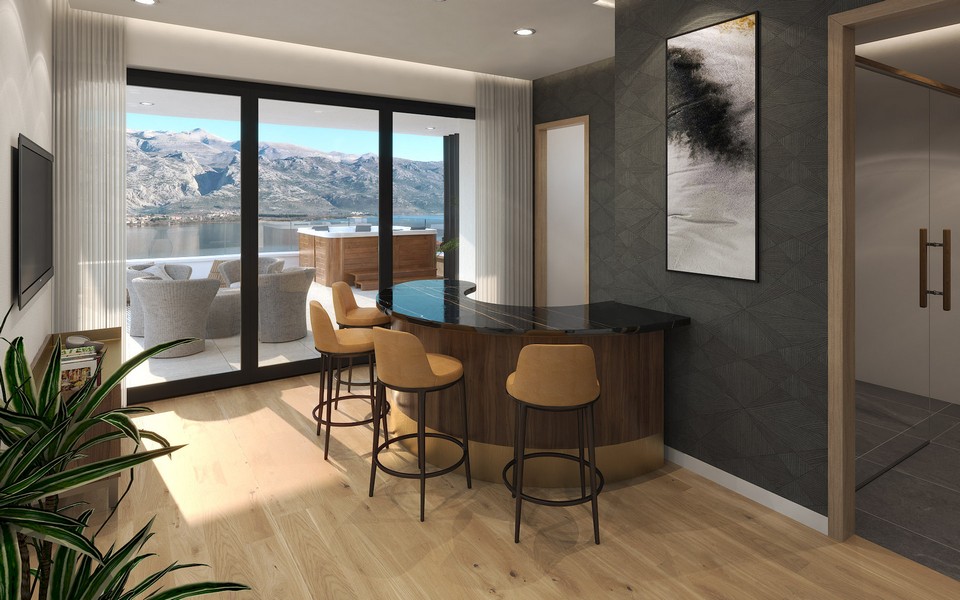 Visualisation du bar de la maison avec tabourets de bar à la fenêtre
