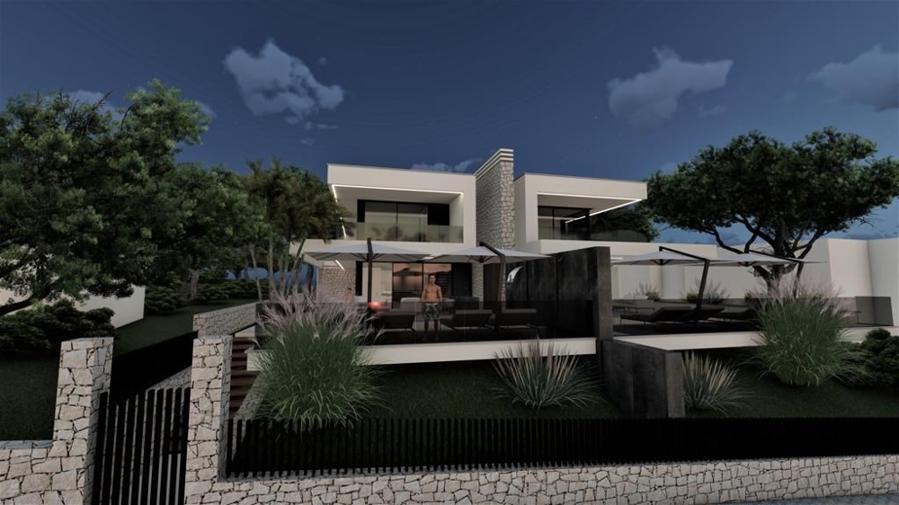Visualisation de la maison avec parasols le soir