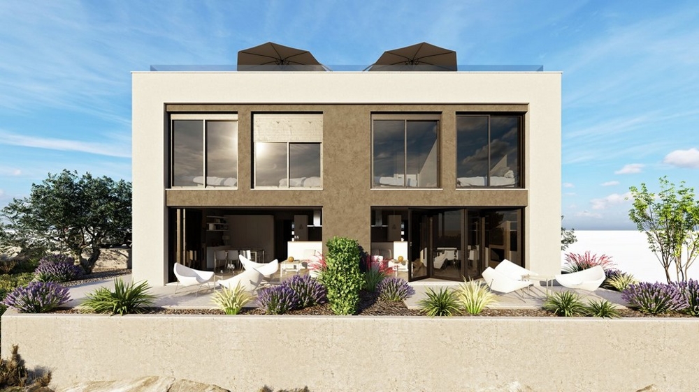 Visualisation des maisons jumelées avec parasols et coin lounge