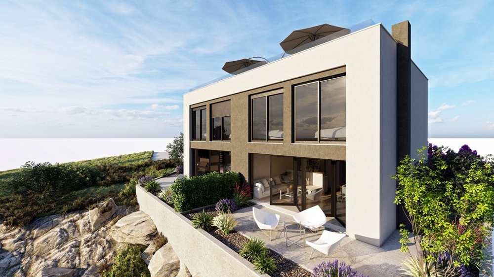 Visualisation de la maison avec toit-terrasse au-dessus des rochers