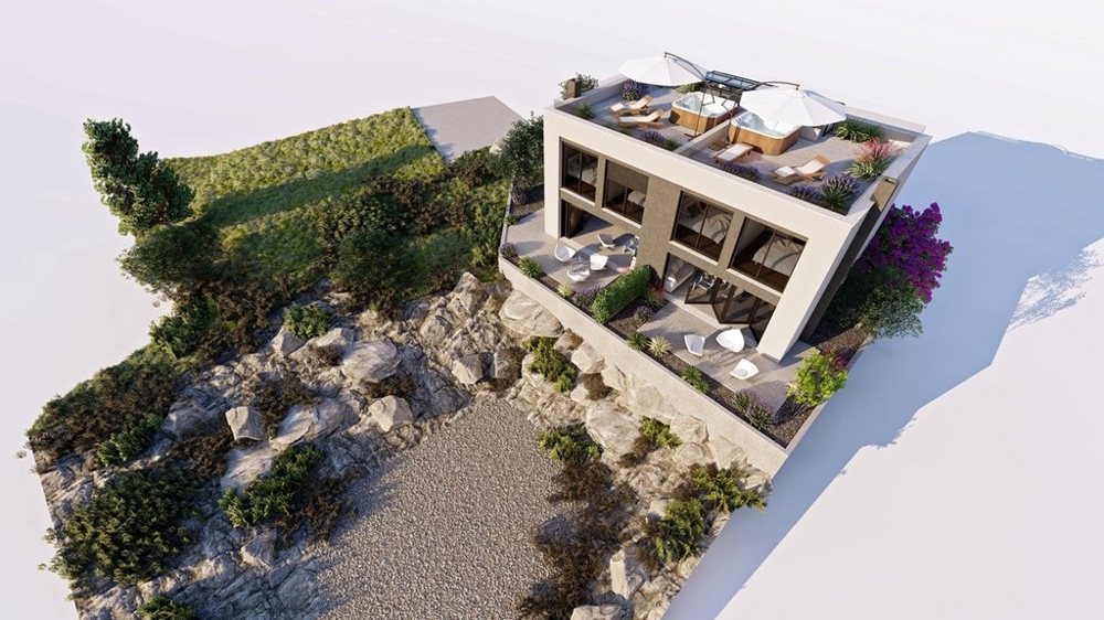 Visualisation du dessus avec toit-terrasse et parasols
