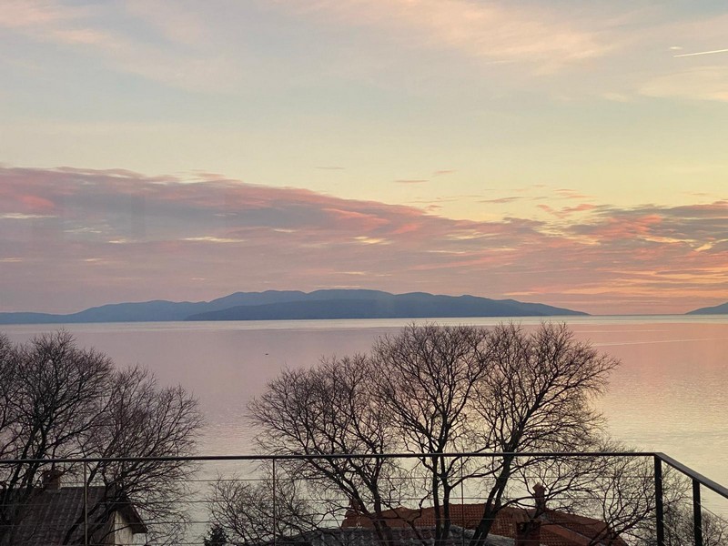 Vue à travers des arbres dénudés sur la baie au coucher du soleil