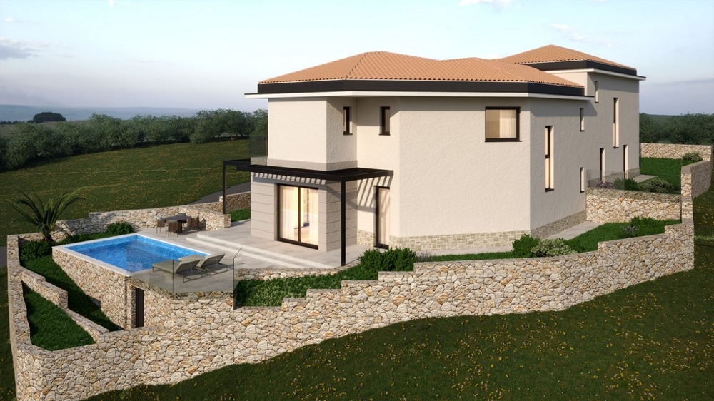 Visualisation de la villa avec piscine au-dessus des murs en pierre sèche