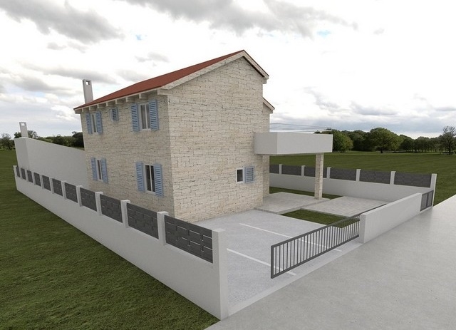 Visualisation de la maison en pierre avec volets bleus et carport