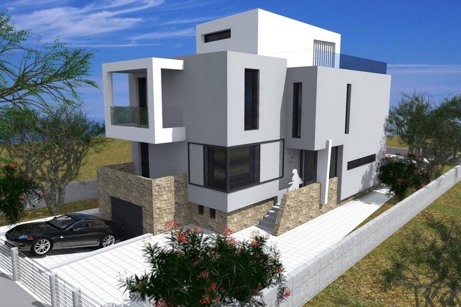 Visualisation de la maison avec socle en pierre naturelle et garage