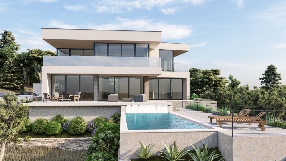 Visualisation de la villa avec piscine et lavande sur la pente