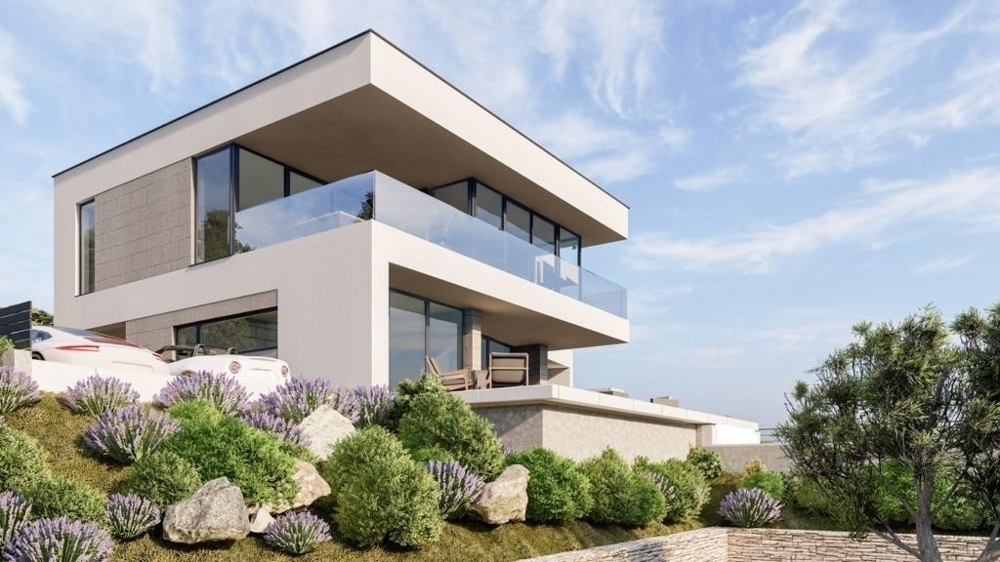 Visualisation de la villa avec garde-corps en verre au-dessus de la pente de lavande