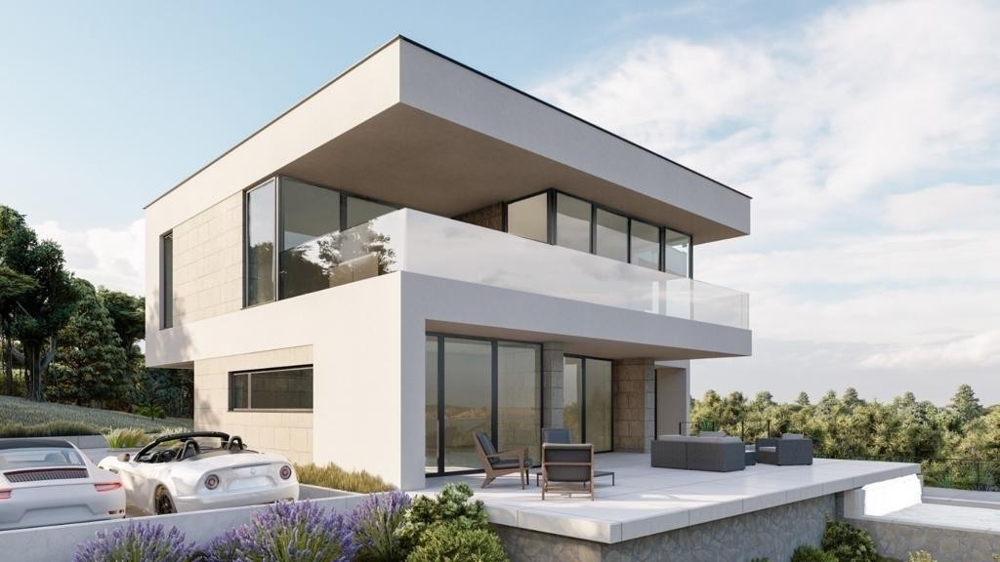 Visualisation de la maison avec voiture de sport à l'entrée