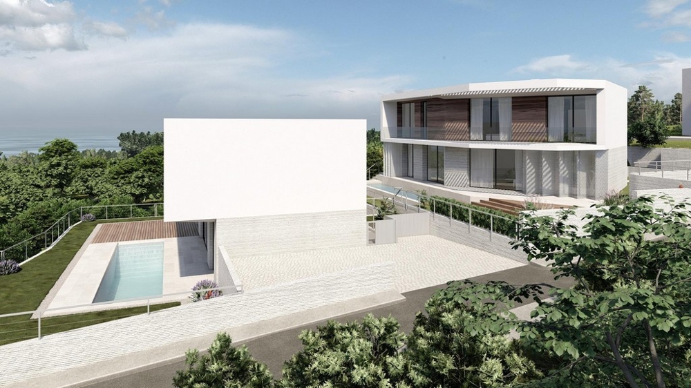 Visualisation de deux constructions neuves avec piscine et terrasse en bois