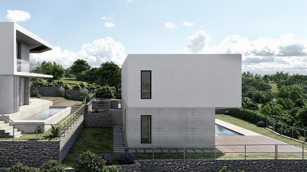 Visualisation de deux constructions neuves avec piscines et murs en pierre sèche