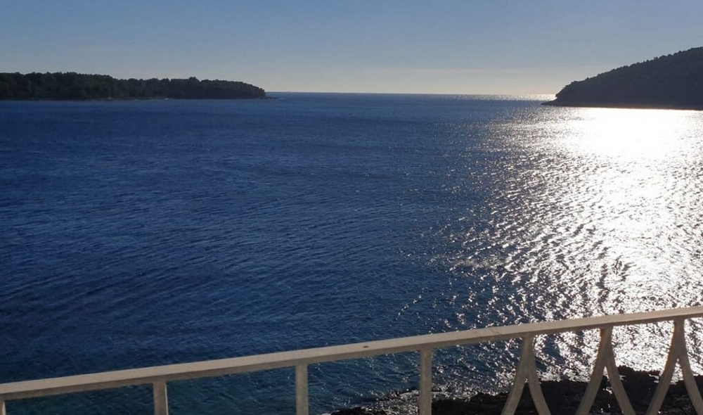 Vue du balcon sur la baie scintillante et la péninsule boisée