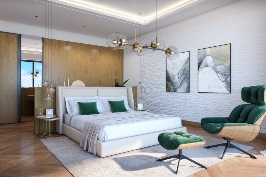La chambre moderne avec un lit double confortable.