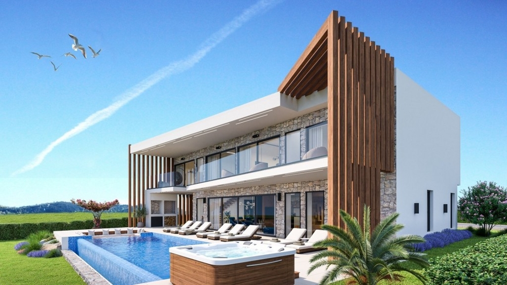 Visualisation de la villa avec piscine à lames de bois et jacuzzi