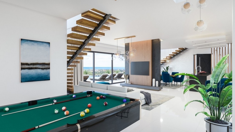 Table de billard et vue sur la télévision.