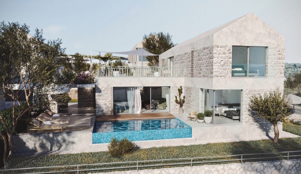 Visualisation de la maison en pierre avec piscine et voile d'ombrage