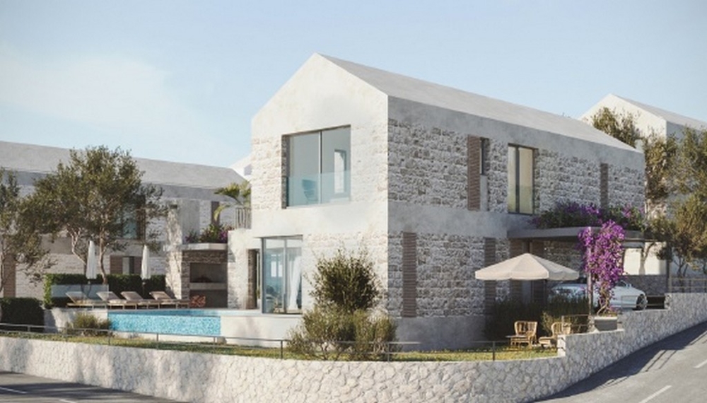Visualisation de la villa en pierre avec piscine donnant sur la rue