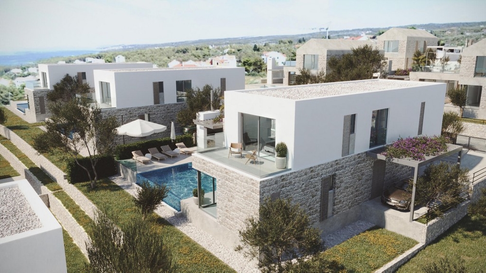 Visualisation de plusieurs maisons avec piscines et oliviers