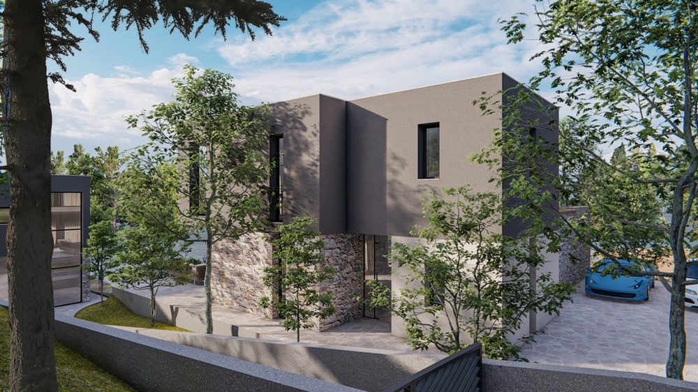 Vue latérale d'une villa moderne à vendre en Croatie, avec places de parking et arbres