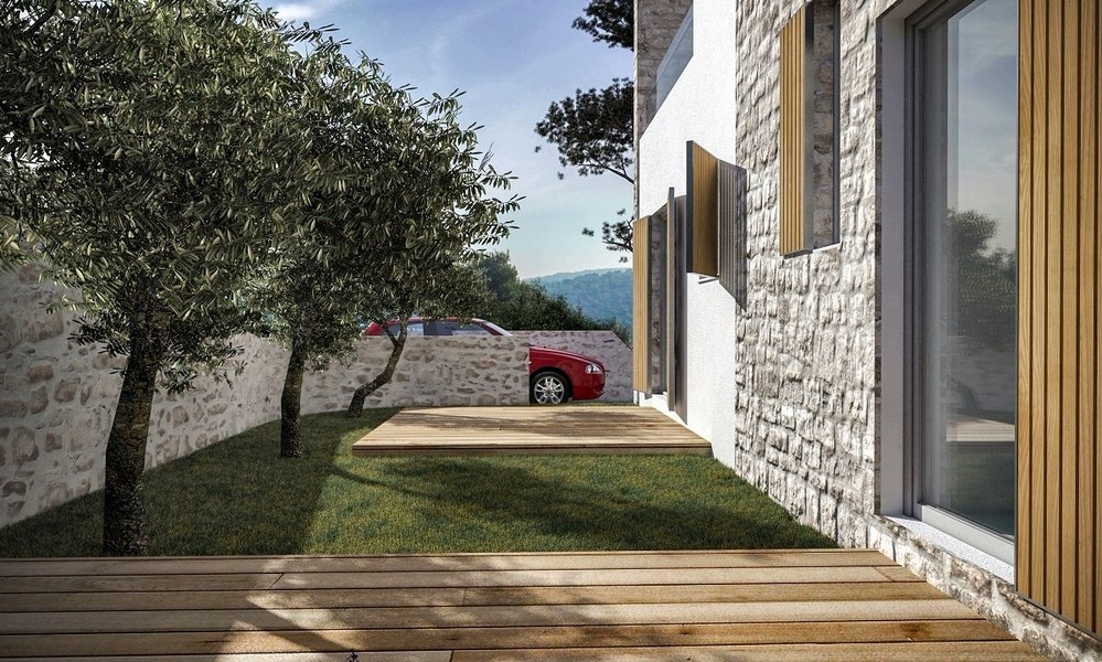 Espace de stationnement avec olivier à côté d'une villa moderne à vendre à Jezera, Murter, Croatie
