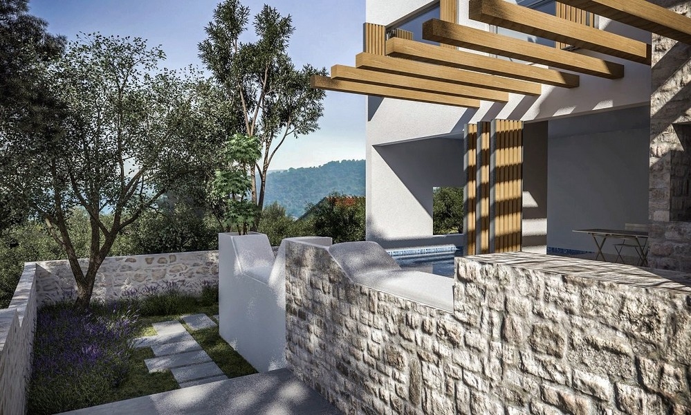 Vue extérieure d'une terrasse avec pergola d'une villa à vendre à Jezera sur l'île de Murter, Croatie