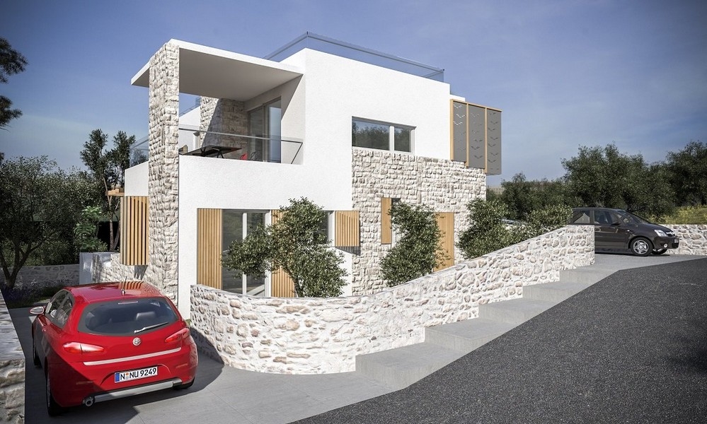 Façade d'une villa moderne avec parking à vendre à Jezera, Murter, Croatie