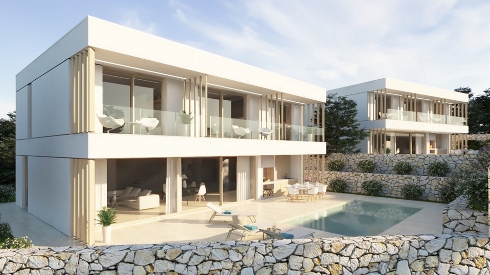 À vendre : villa jumelée moderne en construction avec piscine sur l'île de Brač, Croatie, entourée de nature.