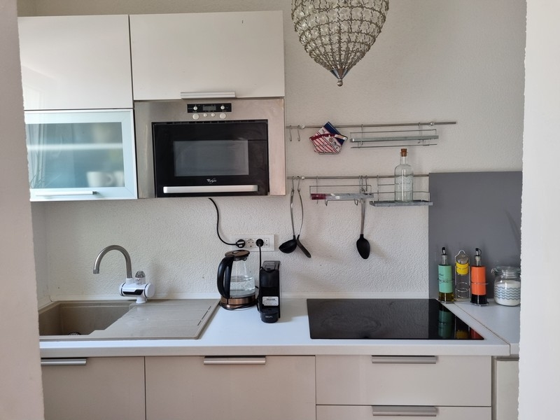Cuisine linéaire moderne avec four dans l'appartement