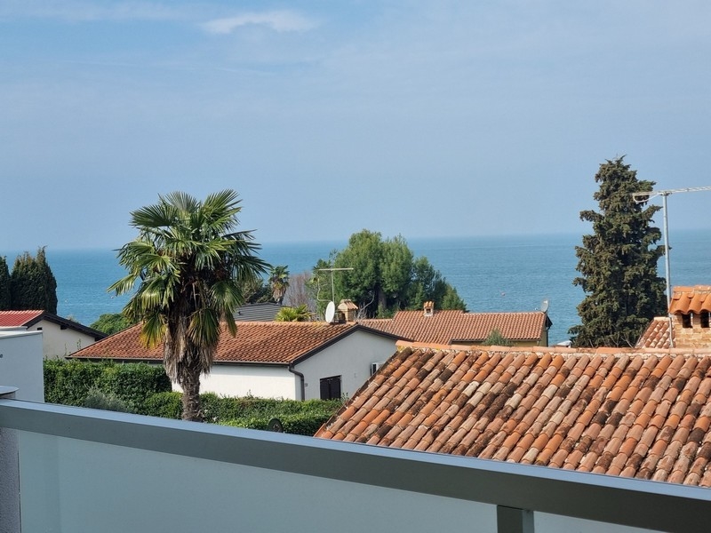 Vue du balcon sur les toits de tuiles et un palmier jusqu'à la mer