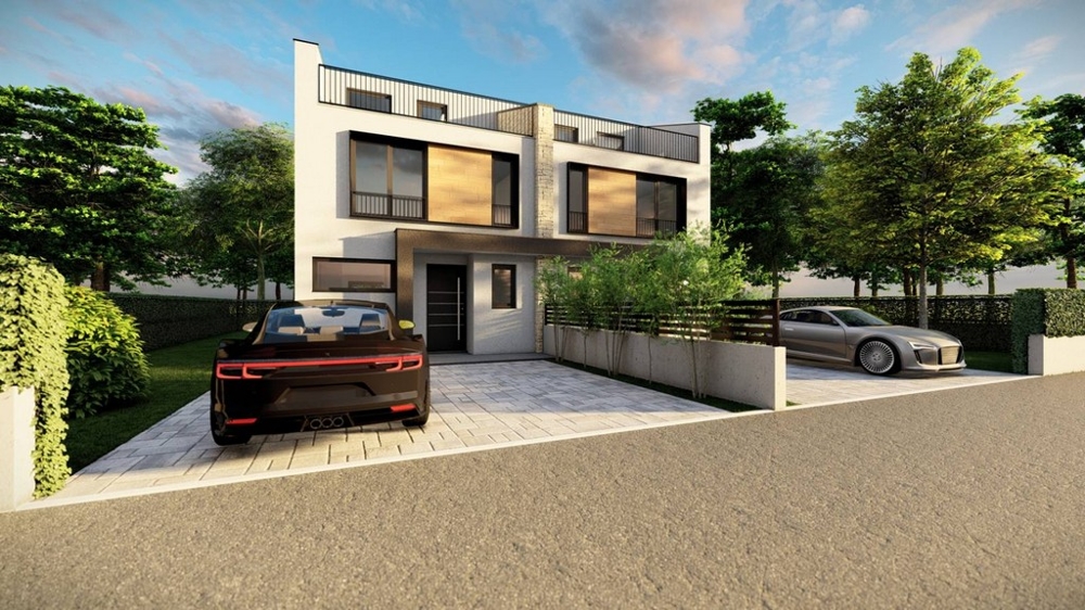Maison jumelée moderne avec véhicules devant, proposée par l'agence immobilière Panorama Scouting
